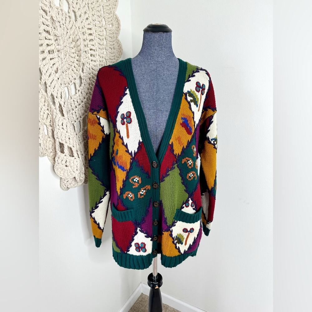 Vintage 90s Oversized Patchwork Embroidered Cardigan Sweater Size Small